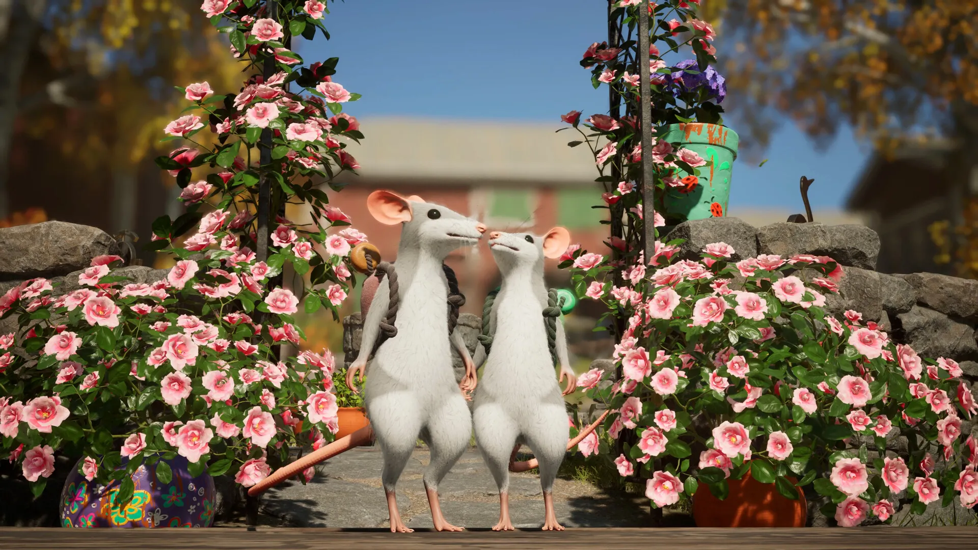 Two white mouse familiars in a rose garden in Hela: of Mice & Magic